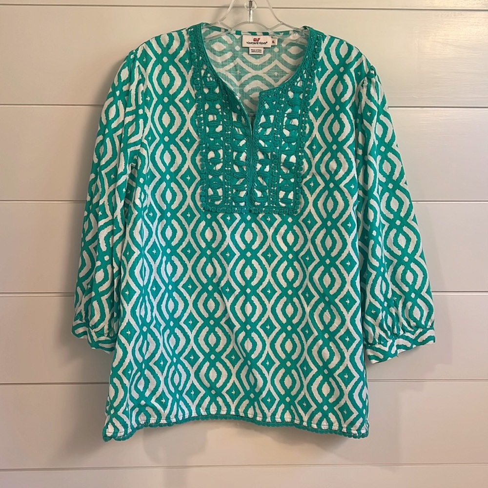 VINEYARD VINES SCRIBBLE LATTICE TUNIC TEAL GREEN WHITE SIZE XL